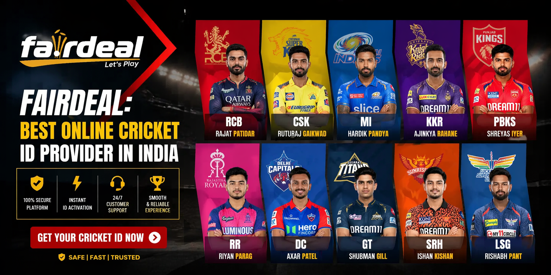 Fairdeal best online cricket ID provider in India banner featuring IPL team captains and instant cricket ID services