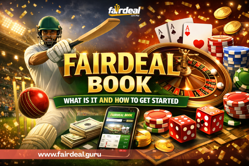 Fairdeal Book online betting concept image featuring cricket player, casino chips, roulette wheel, cards, and mobile betting app