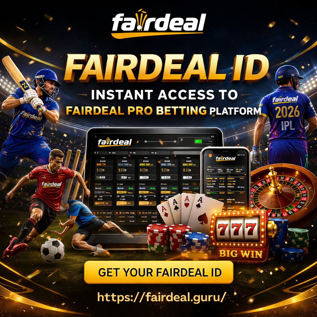 Fairdeal ID promotional banner featuring cricket players, football action, casino roulette, poker cards, slot machine, and mobile betting platform