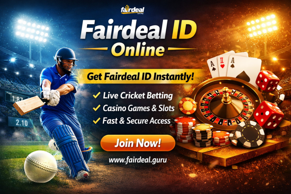 Fairdeal ID Online promotional banner featuring cricket betting, casino games, roulette, playing cards, and sports betting with call-to-action Get Fairdeal ID Instantly.